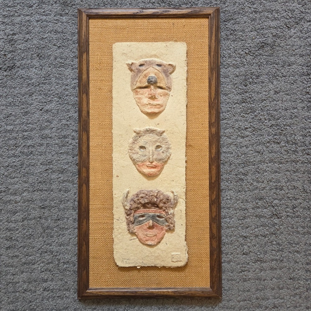 Vintage B Bradley 1986 Signed Cast Paper Sculpture Masks Wall Art Framed 23.5in